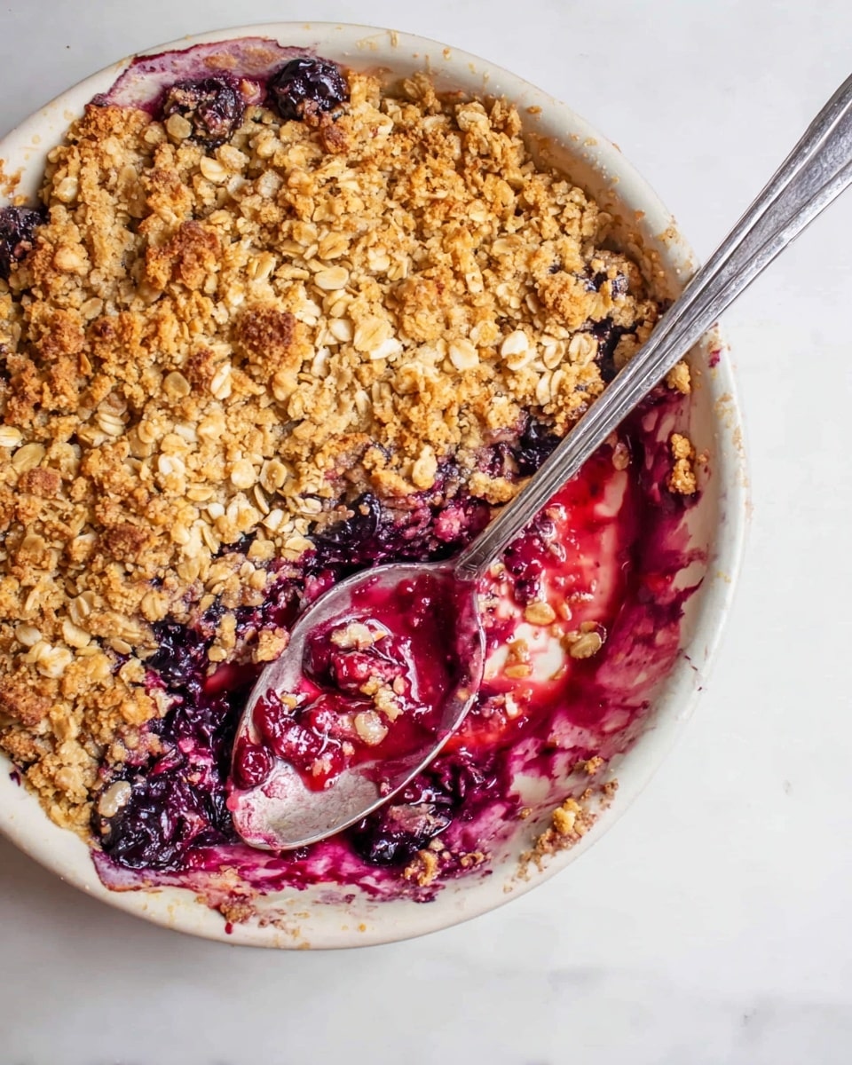The image shows a round white ceramic dish filled with a fruit crumble dessert. The top layer is golden-brown oats that look crunchy and cover about two-thirds of the dish. The bottom layer is a mix of dark purple and red berries that are soft and juicy, visible where a portion has been scooped out. A large silver spoon rests inside the dish, partially submerged in the fruit layer, with some red juice and bits on it. The dish sits on a white marbled surface. Photo taken with an iphone --ar 4:5 --v 7