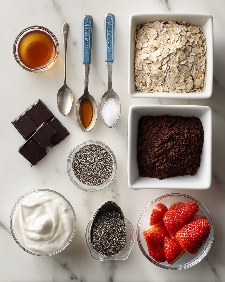 The image shows a white marbled surface with several ingredients arranged neatly. At the top right is a white square bowl filled with light beige oats, below it another white square bowl holds dark brown cocoa powder. To the left of the oats, two measuring spoons with blue handles hold dark amber maple syrup and clear vanilla extract, and an old silver spoon with some white salt lies next to them. Below the spoons is a small metal bowl filled with black and white chia seeds. At the bottom left, a small clear glass bowl contains thick white Greek yogurt, next to it are three small squares of dark chocolate. On the bottom right, a small clear bowl is filled with fresh red sliced strawberries. Each ingredient is labeled with white text on the image. Photo taken with an iphone --ar 4:5 --v 7