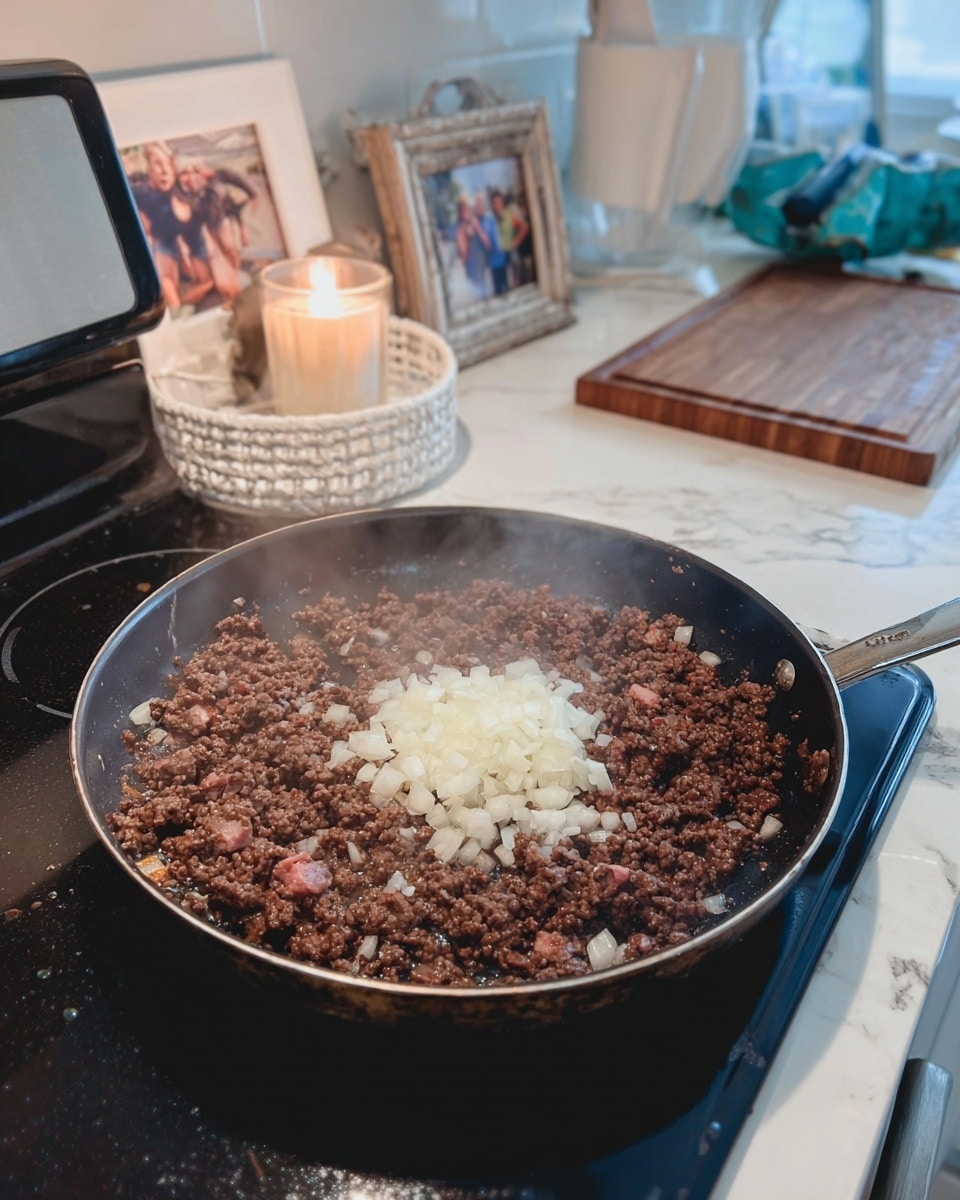 The image shows a close-up of a frying pan on a black stove with cooked ground meat as the base layer, dark brown with some pink spots, covering the whole pan. In the center, there is a small pile of chopped white onions, fresh and crisp, sitting on top of the meat. Light steam rises gently from the pan, indicating the food is hot. The background includes a white marbled countertop with a white woven tray holding a lit candle and a framed photo. A wooden cutting board with a blue-green kitchen tool is also visible on the right side. Photo taken with an iphone --ar 4:5 --v 7
