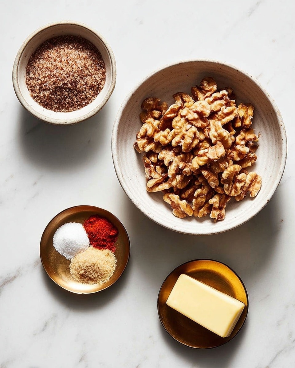 A white marbled surface holds a crumpled sheet of white parchment paper spread flat, with many small clusters of caramel-coated walnuts scattered evenly on top. The walnuts are shiny, rich amber brown in color with a glossy, sticky texture that catches the light. The clusters vary slightly in size, with some pieces more tightly packed and others looser, showing the nut shapes clearly. The image is captured from above with natural lighting that highlights the smooth, sweet coating on the nuts. photo taken with an iphone --ar 4:5 --v 7
