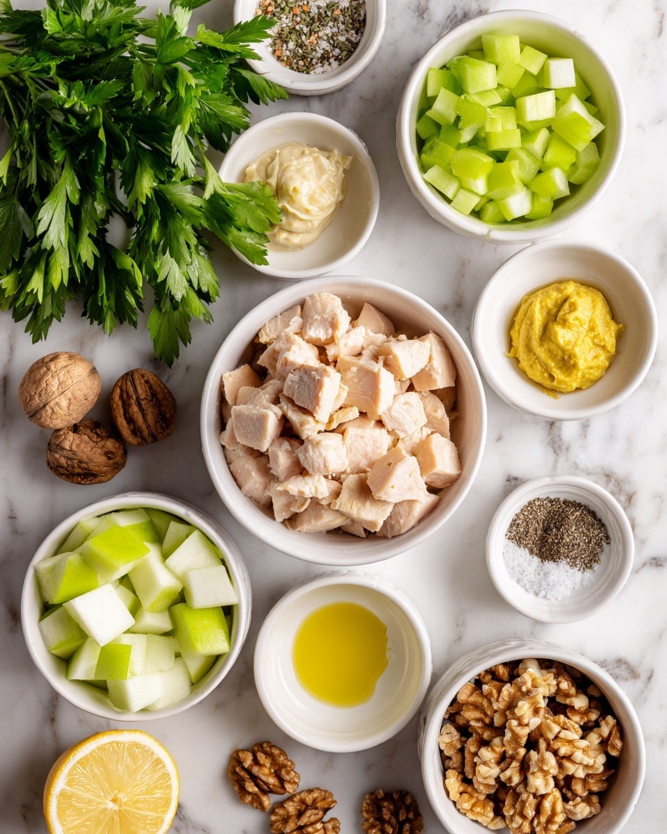 The image shows several small white bowls on a white marbled surface, each filled with different ingredients for a recipe. In the center is a bowl with light beige, cubed cooked chicken. Surrounding this are bowls with diced green celery, chopped green apples, whole walnuts, creamy mayonnaise, golden olive oil, light beige mustard, lemon juice, black pepper, and coarse salt. There is also a small dish with a yellow mustard paste. A bunch of fresh green parsley is placed to the left of the bowls. The arrangement is neat and bright, with a clean, fresh appearance. Photo taken with an iphone --ar 4:5 --v 7