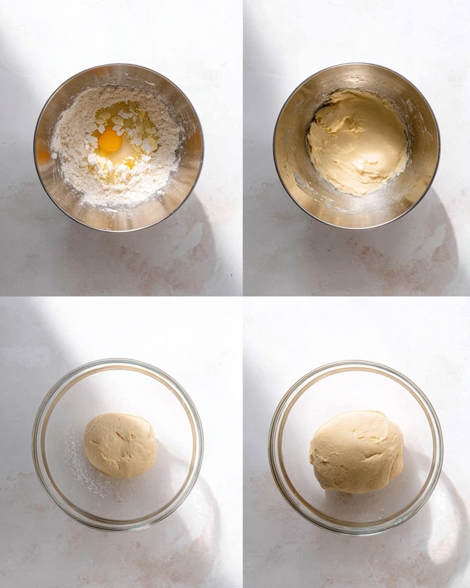 The image shows four side-by-side photos of dough making stages placed on a white marbled surface. The first photo features a silver mixing bowl with dry ingredients including flour and small butter pieces, plus an egg on top, all unmixed. The second photo shows the same silver bowl now containing a creamy, smooth pale yellow dough. The third photo displays a clear round glass bowl on the surface holding a smaller pale dough ball with a soft texture. The fourth photo has the same clear glass bowl but now with the dough ball risen bigger and smoother, filling more of the bowl's bottom. photo taken with an iphone --ar 4:5 --v 7