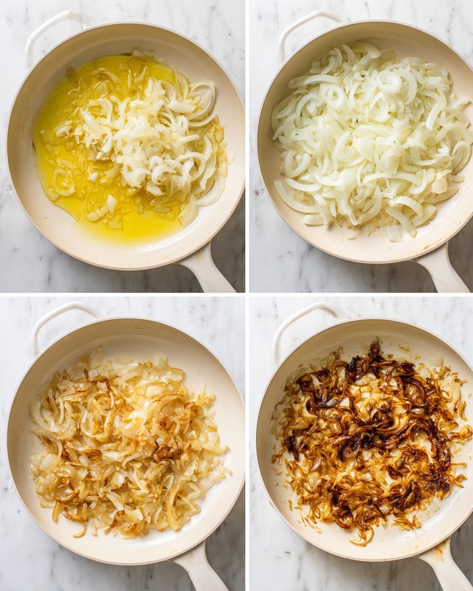 The image shows four steps of cooking onions in the same white pan placed on a white marbled surface. In the first step, melted butter spreads thinly and evenly across the pan base, showing a shiny yellow layer. The second step adds a thick layer of raw white onion slices covering the entire pan with their wet, slightly shiny texture. In the third step, the onions have softened and turned slightly golden with a mix of translucent white and light golden-brown spots creating a textured look. The fourth step shows the onions deeply browned and caramelized into dark brown and golden pieces clustered in the middle of the pan with a rich, uneven texture. Photo taken with an iphone --ar 4:5 --v 7