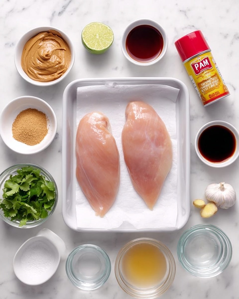Two raw chicken fillets lie side by side in the center of a small white tray lined with white baking paper. Around the tray, evenly spaced on a white marbled surface, are small white bowls and clear glass bowls holding different ingredients: a bowl of smooth peanut butter, a bowl with light brown sugar, a bowl with a dark red sauce, a bowl with a dark soy sauce-like liquid, a bowl with a peeled garlic clove and a small piece of ginger, a clear bowl with a light-colored liquid, and a small bowl of honey-colored liquid. A small bunch of fresh green cilantro rests on the surface near the bottom left, next to a white bowl of water and a red-yellow PAM cooking spray can. Half a lime is placed near the top left of the tray. The setup looks clean, organized, and ready for cooking preparation photo taken with an iphone --ar 4:5 --v 7