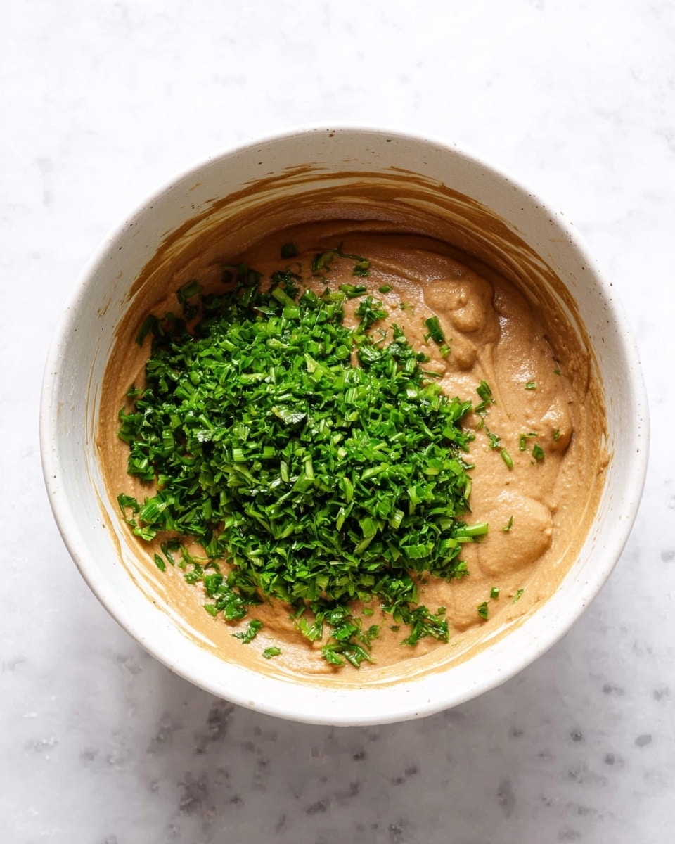 A white bowl sits on a white marbled surface filled with creamy, light brown paste that has a smooth texture with small lumps. On top of this paste, there is a generous pile of finely chopped fresh green herbs, adding a bright contrast in color. The herbs are mostly centered in the bowl, creating two distinct layers: the thick brown paste base and the fresh green herb topping. photo taken with an iphone --ar 4:5 --v 7