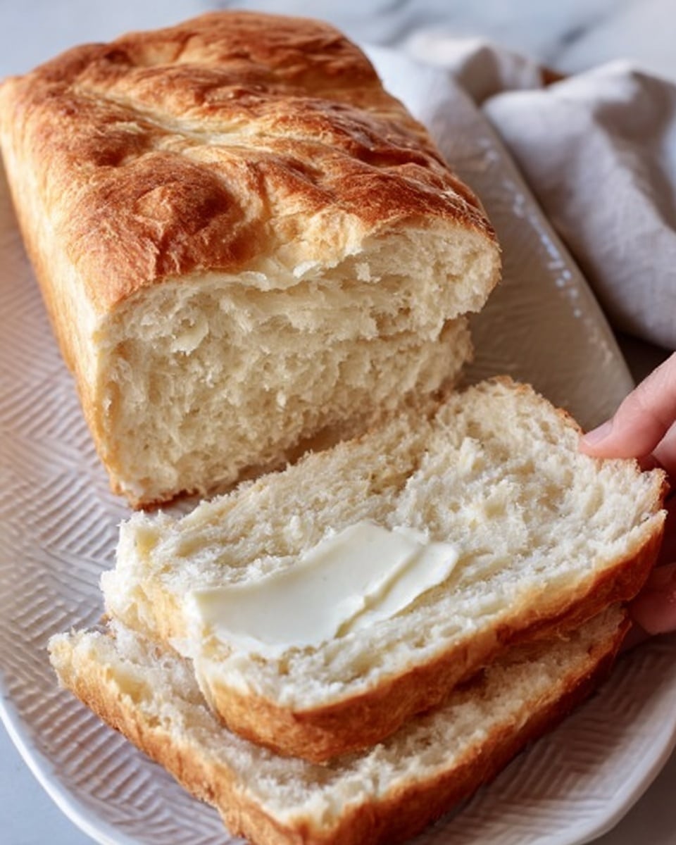 A close-up view of a loaf of bread on a white plate, placed on a white marbled surface. The bread has a golden-brown crust with a rough, cracked texture on top. One thick slice is cut from the loaf, showing the soft, light beige, and airy inside with a slightly crumbly texture. The loaf and the slice are positioned at a slight angle, giving a clear look at both the crust and the inside. Photo taken with an iphone --ar 4:5 --v 7