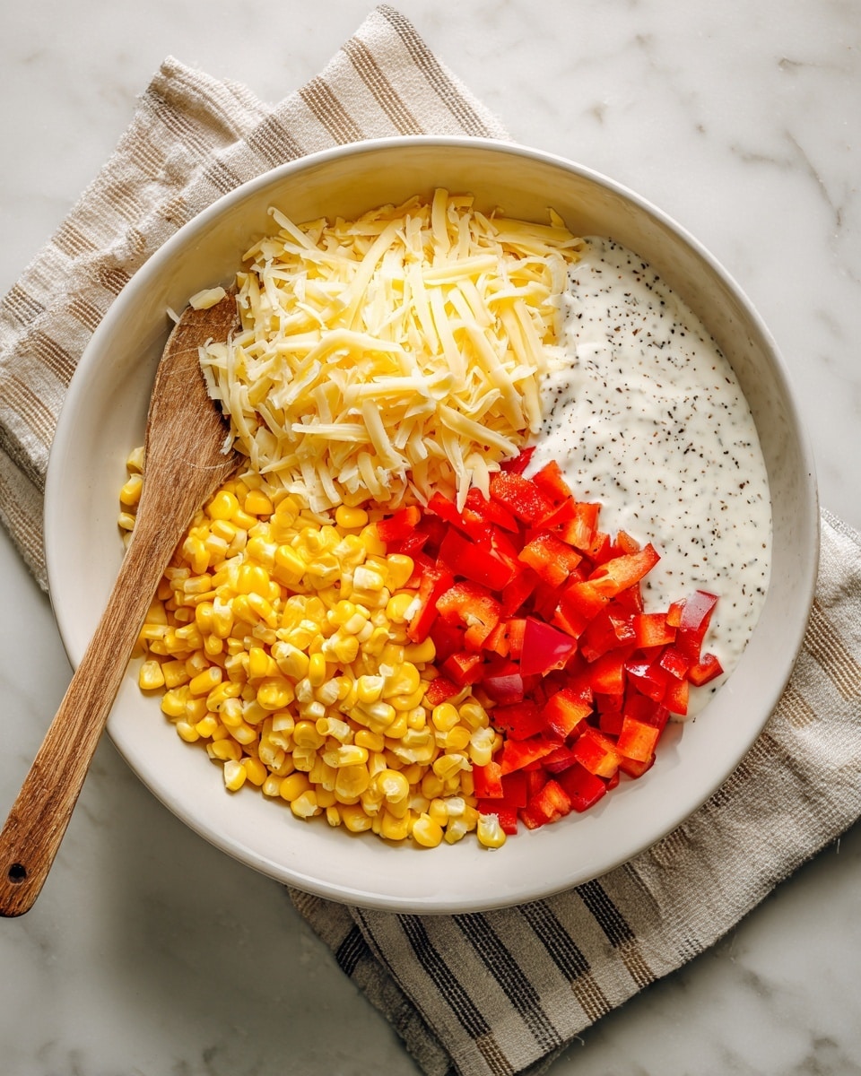 A white bowl contains four visible layers of ingredients arranged side by side: bright yellow corn kernels at the bottom left, a pile of shredded pale yellow cheese in the center, diced red bell peppers at the top right, and a dollop of creamy white sauce with black pepper specks next to the peppers. A wooden spoon rests inside the bowl on the left side, its handle extending out. The bowl sits on a cloth napkin with beige and white stripes on a white marbled surface. Photo taken with an iphone --ar 4:5 --v 7