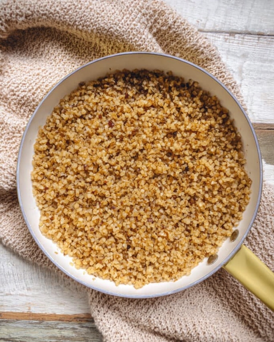 A top view of a white pan filled with cooked bulgur, showing its small grain texture and golden brown color, placed on a light beige knitted pad, all set on a white marbled surface with faint wooden texture shadows. The pan handle extends from the top right corner, light yellow with a smooth shiny finish, photo taken with an iphone --ar 4:5 --v 7
