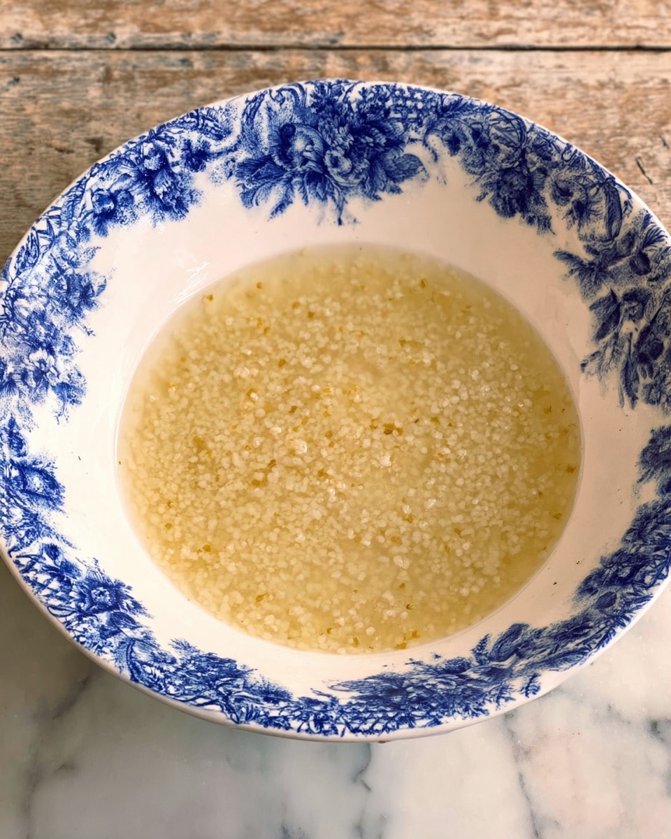 A deep white bowl with blue floral patterns around the edges holds a simple dish that looks like pale yellow cooked bulgur in clear broth, filling the bowl almost fully with small grain textures visible through the broth. The bowl is placed on a white marbled surface that contrasts with the bowl’s rich blue designs. photo taken with an iphone --ar 4:5 --v 7