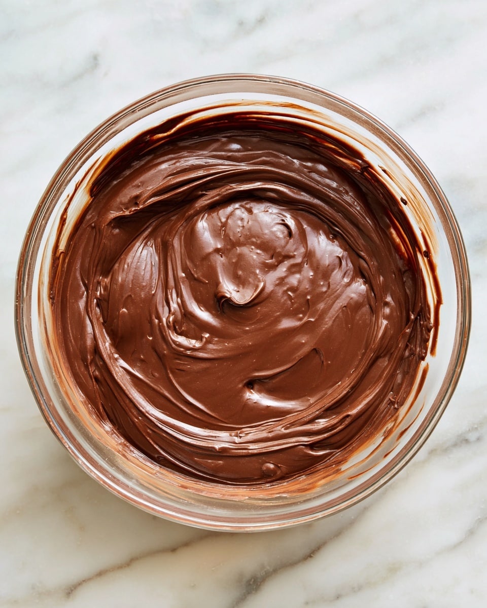 A clear glass bowl filled with a thick, smooth, dark brown chocolate batter that is slightly swirled, showing a creamy texture. The inside sides of the bowl have streaks of the batter, indicating recent mixing. The bowl sits on a white marbled surface. photo taken with an iphone --ar 4:5 --v 7