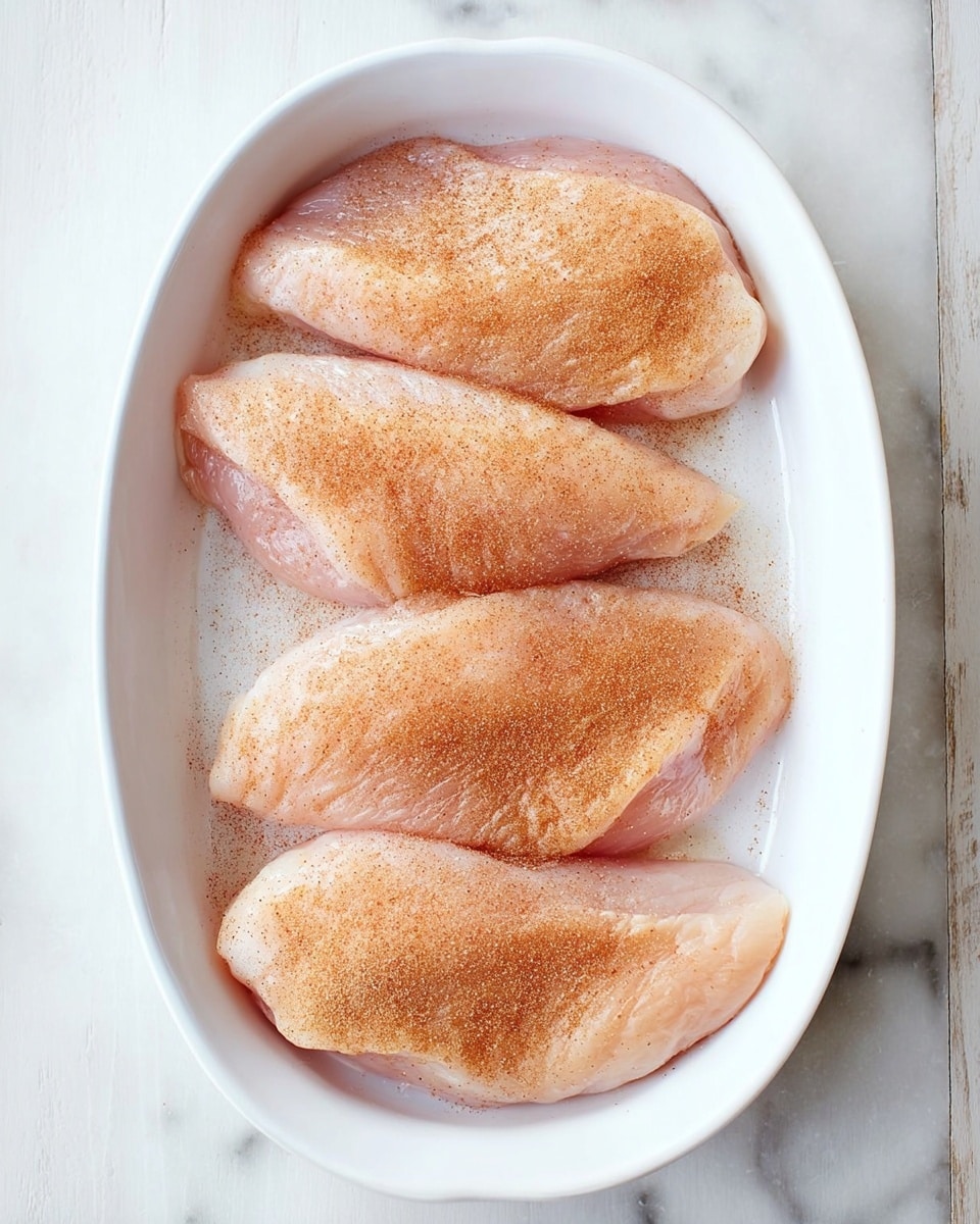 A white oval dish holds four raw chicken pieces laid side by side in two rows on a white marbled surface. Each piece is lightly covered with a fine, reddish-brown spice powder, giving a subtle dusty texture and color contrast against the pale pink skin of the chicken. The chicken pieces’ shapes are smooth with a slightly shiny surface from moisture. photo taken with an iphone --ar 4:5 --v 7
