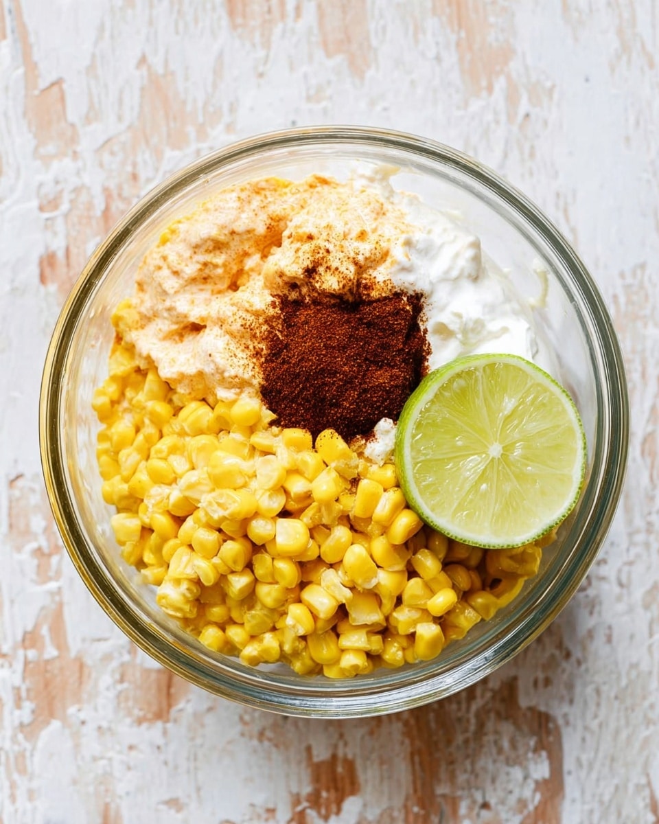 A clear glass bowl holds four main layers: the bottom layer is bright yellow corn kernels covering most of the bowl, topped in the center with a small pile of dark brown spice powder. Above the corn, on the upper left side, is a creamy light orange sauce with a slightly chunky texture. On the bottom right side, there is a thick white creamy layer. Resting on the corn near the top right edge of the bowl is a fresh green lime slice showing its inner segments. The bowl is placed on a white marbled textured surface. photo taken with an iphone --ar 4:5 --v 7