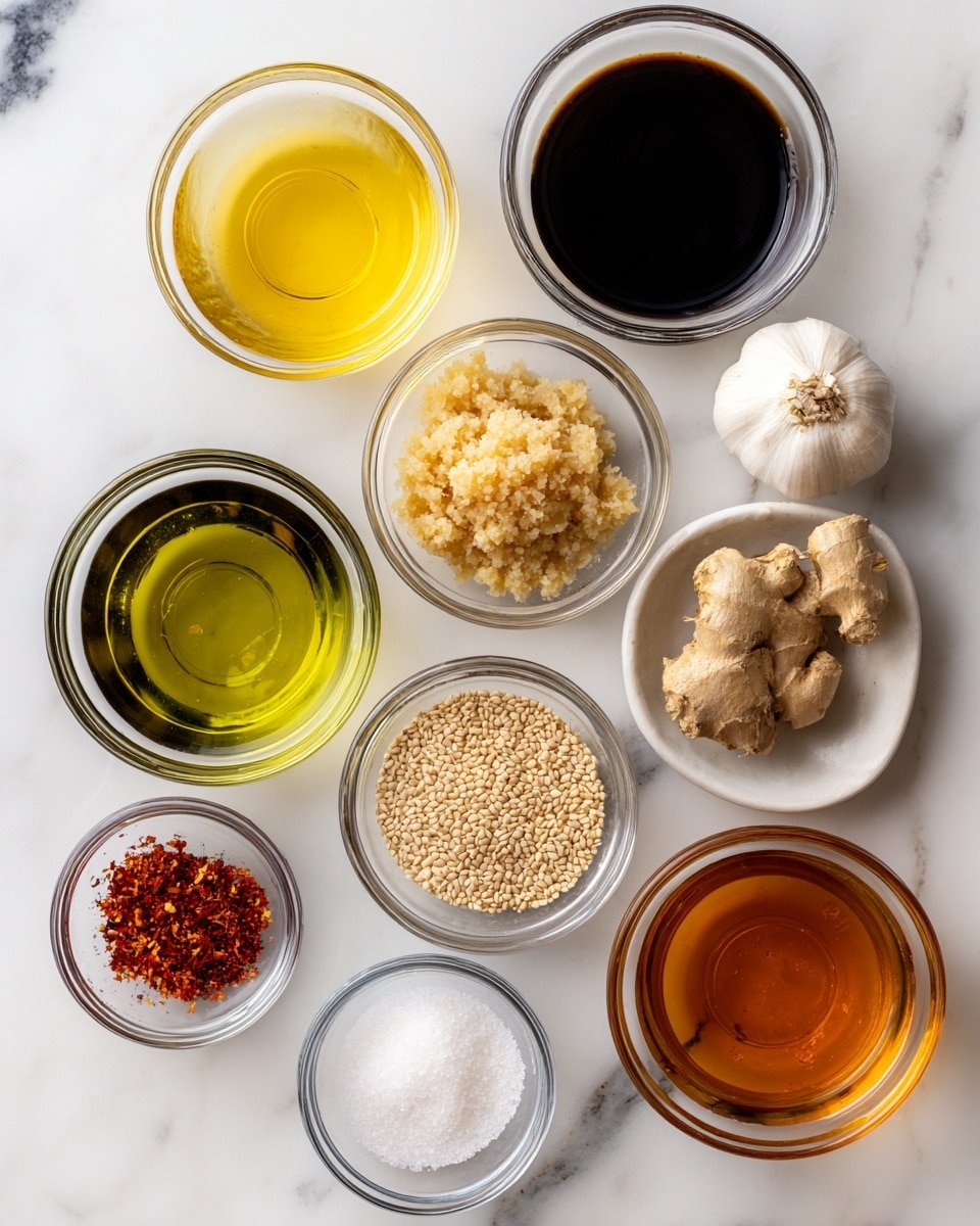 The image shows ten small clear glass bowls arranged on a white marbled surface, each with a different ingredient for sesame ginger dressing. From top left to right, there is a bowl with light yellow rice vinegar, a bowl with dark brown soy sauce, a bowl with a clump of grated light brown ginger, and a single clove of white garlic. Below these, a bowl of greenish-yellow olive oil is to the left, a bowl of light brown sesame seeds is in the middle, and a bowl of amber maple syrup to the right. At the bottom, there is a bowl of red pepper flakes on the left, a bowl of white salt in the center, and a bowl of light brown sesame oil on the right. The text labels above or near each bowl describe the ingredients. photo taken with an iphone --ar 4:5 --v 7