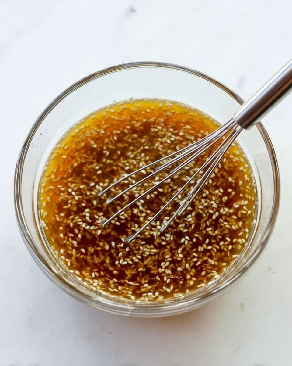 The image shows a clear glass bowl filled with a light brown sauce mixed with many small white sesame seeds floating throughout. A small silver whisk is partially dipped into the sauce, resting inside the bowl at an angle. The bowl is placed on a white marbled surface, and the sauce looks shiny with a slightly oily texture. photo taken with an iphone --ar 4:5 --v 7
