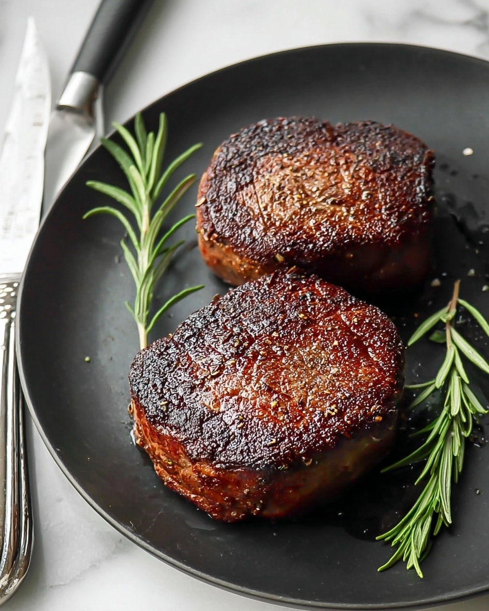 The image shows two thick, round steaks with a dark brown, crispy crust on top, sitting close together on a smooth black plate. Next to the steaks, there are two small sprigs of fresh green rosemary placed on the plate, one on each side. The plate rests on a white marbled surface, and near the top left corner of the image, part of a shiny silver knife with a black handle is visible. The steaks have a slightly oily shine and a textured, seared surface showing grill marks. Photo taken with an iphone --ar 4:5 --v 7