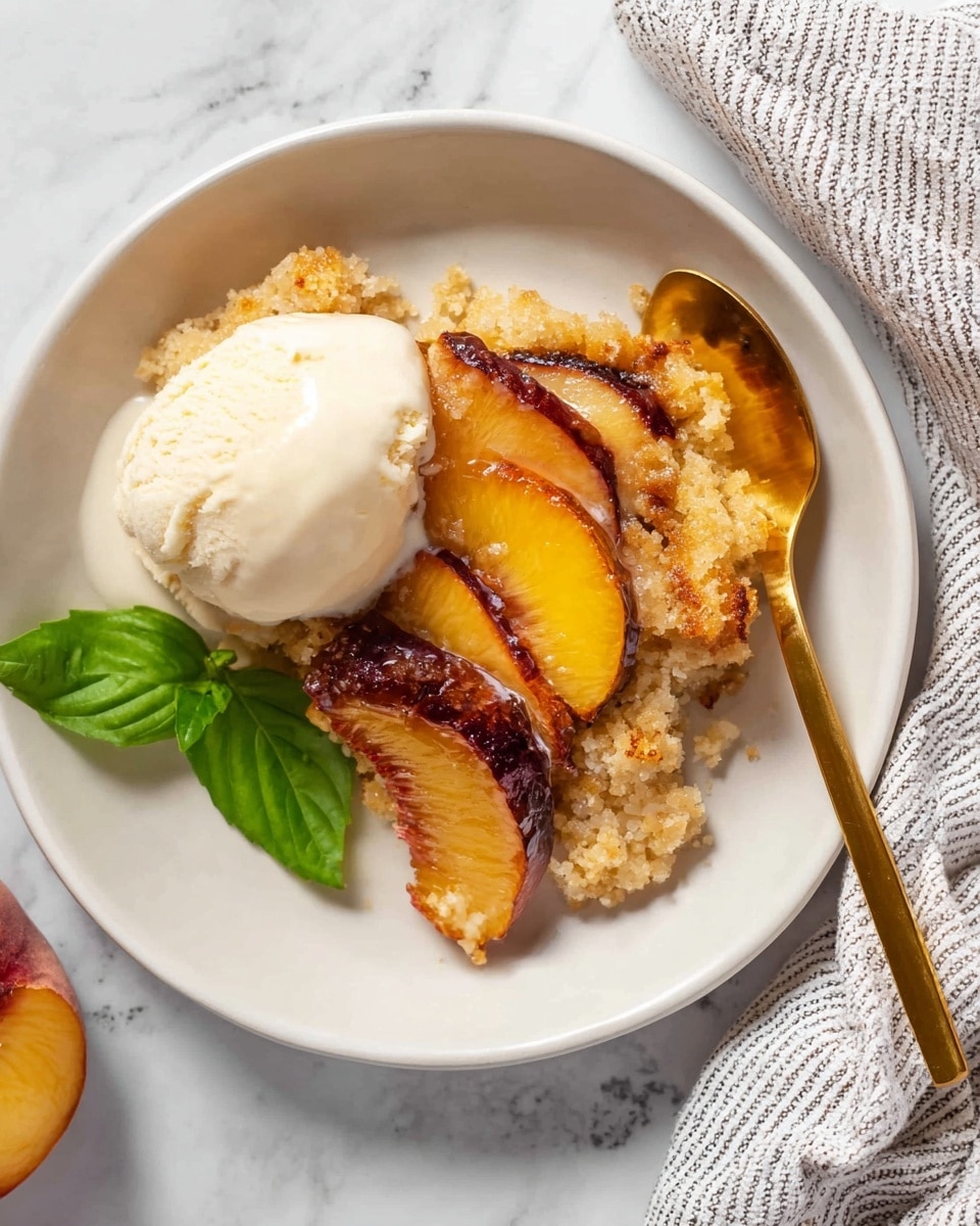A white plate holds a dessert with three main layers: the bottom layer is a crumbly, light beige crust; the middle layer consists of baked, golden-brown sliced peaches with darker caramelized edges; on top of the dessert, a large scoop of creamy, pale vanilla ice cream rests on the left side, touching the peaches. A small green basil leaf is placed near the bottom of the dessert for decoration. To the right, a shiny gold spoon rests on the edge of the plate. All of this is set on a white marbled surface with a soft striped cloth nearby. Photo taken with an iphone --ar 4:5 --v 7
