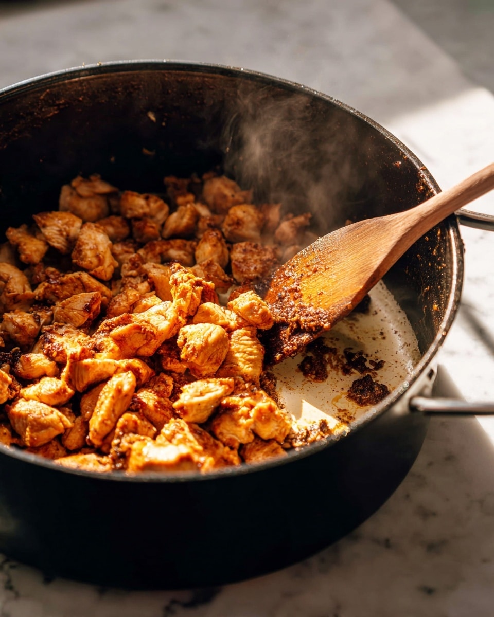 A close-up of a black cooking pot with a light cream inside surface, filled with small pieces of golden brown cooked chicken showing a crispy texture on some parts. The chicken pieces are clustered mostly on one side of the pot with darker browned bits sticking to the bottom. A wooden spoon with bits of food on it is stirring the chicken, and steam rises from the hot food. The pot sits on a white marbled surface with soft sunlight highlighting the warm colors of the chicken. Photo taken with an iphone --ar 4:5 --v 7
