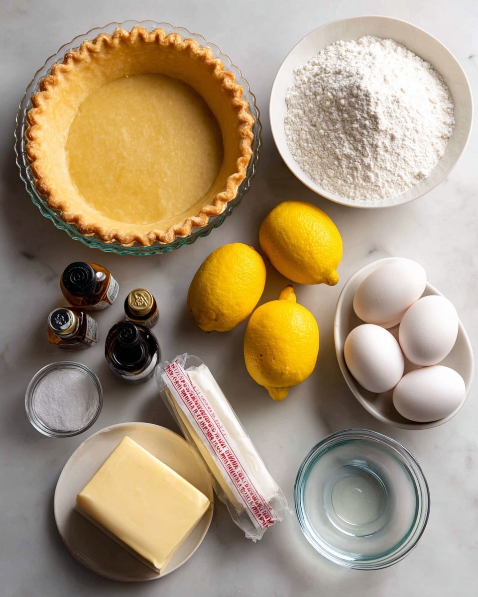 The image shows ingredients laid out on a white marbled surface for making a lemon pie. On the top left is a pie crust in a round clear glass dish with a fluted edge and a golden-brown color. To the top right is a small white bowl filled with white cornstarch powder. Below that are three white eggs grouped together. Moving left, there is a medium white bowl filled with white sugar. In the center lie three bright yellow lemons. To the left of the lemons are two small dark bottles, one labeled lemon extract and the other vanilla extract, both with black caps. Below the extracts is a small clear dish with white salt. Next to it is a stick of butter wrapped in pale cream paper with red writing. Finally, on the bottom right is a small clear round dish filled with a clear liquid vinegar. All items are neatly arranged and clearly labeled in black text. photo taken with an iphone --ar 4:5 --v 7