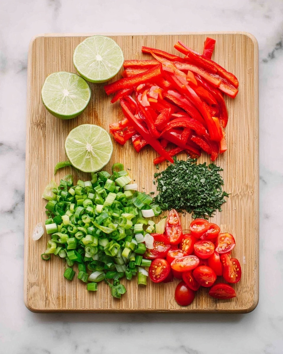 A wooden cutting board on a white marbled texture surface holds neatly prepared fresh ingredients arranged in separate groups. On the left side are two lime wedges in light green color with juicy texture, right above them are bright green chopped scallions in small rounds. To the right of the scallions is a small pile of finely chopped dark green herbs. On the top left part of the board, there are long thin strips of vibrant red bell peppers with a shiny surface. Beside the peppers, on the top right, are halved small red cherry tomatoes displaying their glossy smooth skin and juicy interior. Photo taken with an iphone --ar 4:5 --v 7