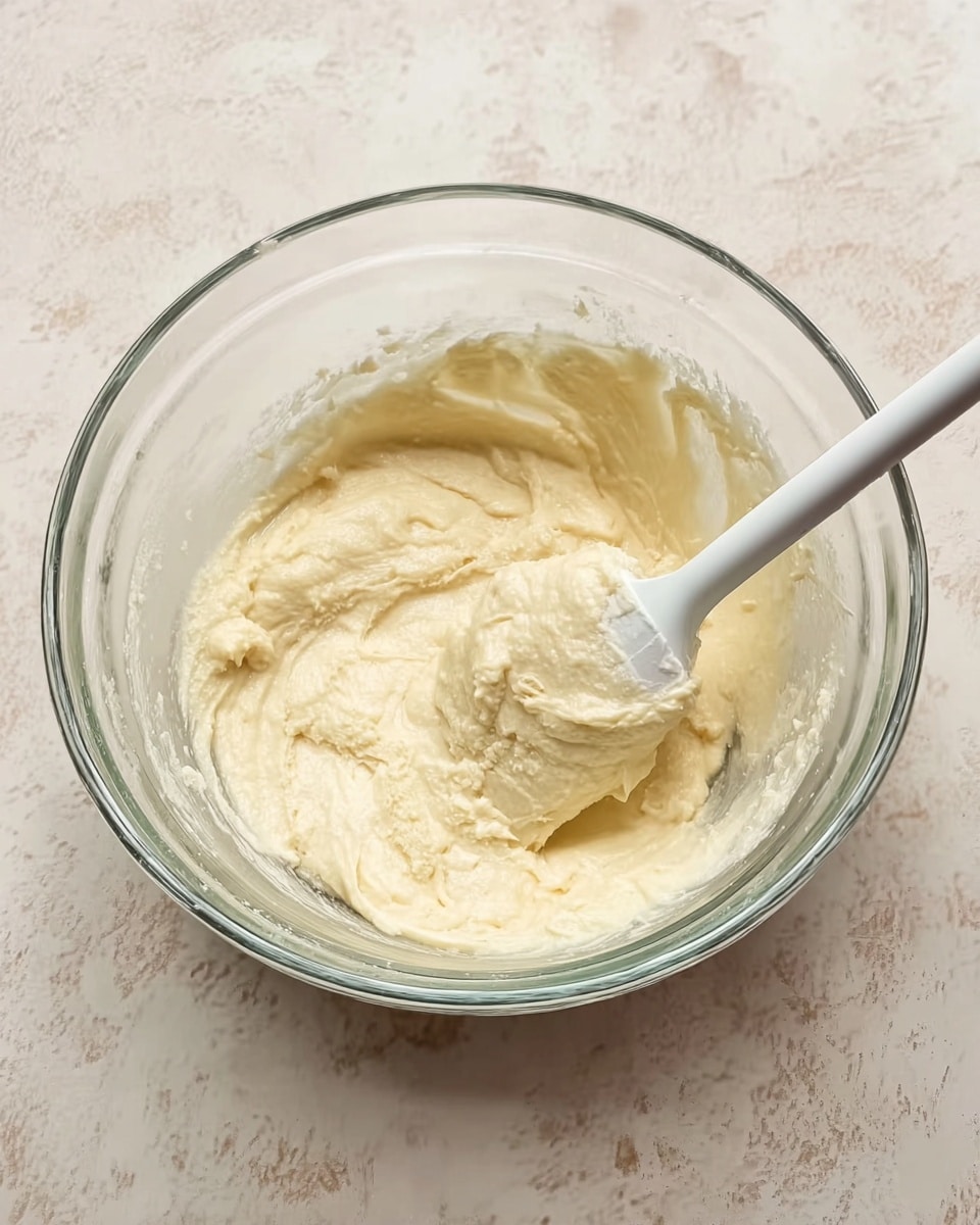 A clear glass bowl filled with a thick, creamy pale yellow mixture, showing a smooth texture with some small lumps. A white spatula rests inside the bowl, partially covered in the mixture, with its handle pointing up and out of the bowl. The glass bowl is placed on a white marbled surface that contrasts softly with the smooth creamy dough inside. Photo taken with an iphone --ar 4:5 --v 7