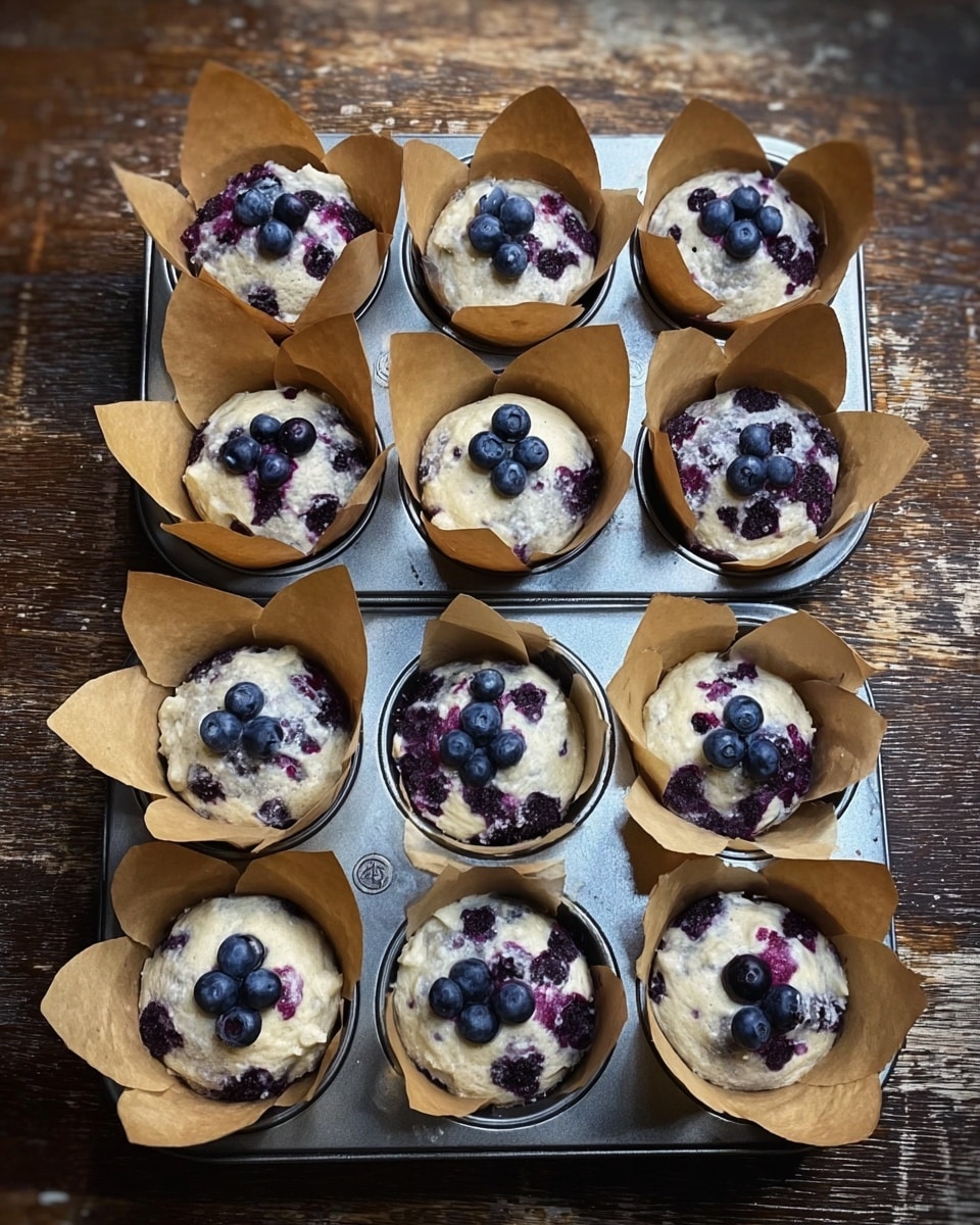 Two metal muffin trays are filled with batter lined with brown parchment paper shaped like flowers inside each muffin cup. Each cupcake has a light cream-colored batter with visible dark purple blueberries mixed in and on top, some muffins topped with two or three blueberries. The trays sit on a wooden surface with a rustic look. photo taken with an iphone --ar 4:5 --v 7