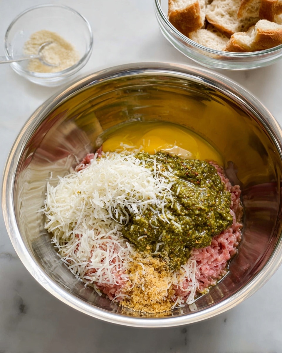 Inside a large shiny metal bowl, there is a mix of several ingredients layered on top of each other. At the bottom is a pinkish ground meat layer, above it is a bright yellow egg yolk layer slightly spread out. On top of the egg, there is a thick green pesto-like sauce spread in the center, covered partially by scattered white shredded cheese. There is also a sprinkling of light brown breadcrumbs on one side of the cheese. In the background, there is a small clear glass bowl filled with light brown bread pieces. The whole scene is set on a white marbled surface. photo taken with an iphone --ar 4:5 --v 7