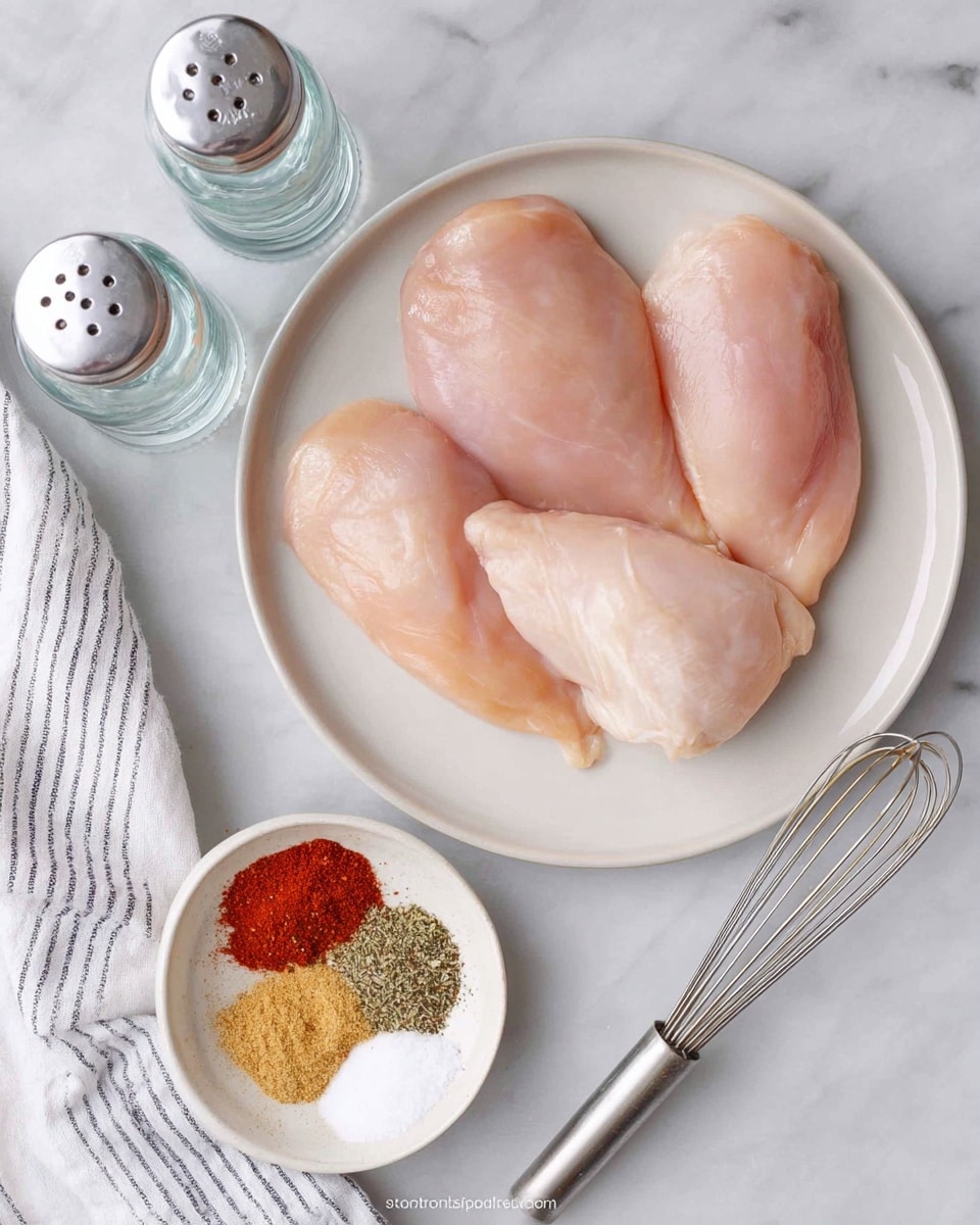 Four raw chicken pieces with a smooth, pale pink texture are placed in a round white plate, arranged to fill the plate evenly. Below the plate, a small white bowl holds five different spices: red powder, black pepper, dried herbs, white salt, and yellow garlic powder, each neatly separated. A metal whisk lies diagonally beside the bowl on the white marbled surface. On the left side, two clear glass containers with silver tops, likely salt and pepper shakers, stand next to a folded white cloth with gray stripes. The overall style is clean and simple with natural lighting. photo taken with an iphone --ar 4:5 --v 7