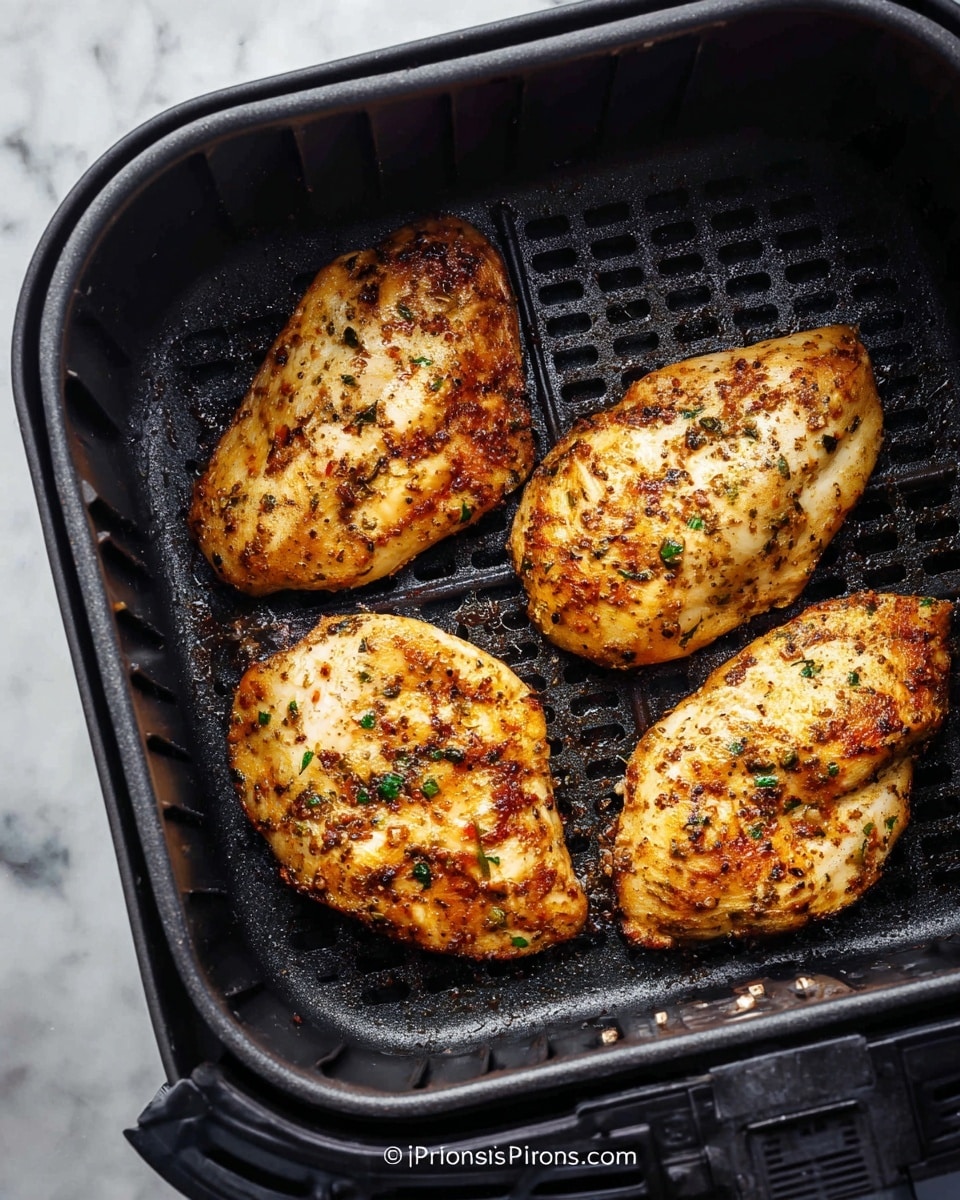 Four golden-brown cooked pieces of chicken with visible seasoning and small green herb bits are placed inside a black air fryer basket, which has a grid-like base and ventilation holes on the sides. The chicken pieces show some darker grill marks and have a slightly shiny texture from cooking. The basket is set on a white marbled surface. Photo taken with an iphone --ar 4:5 --v 7