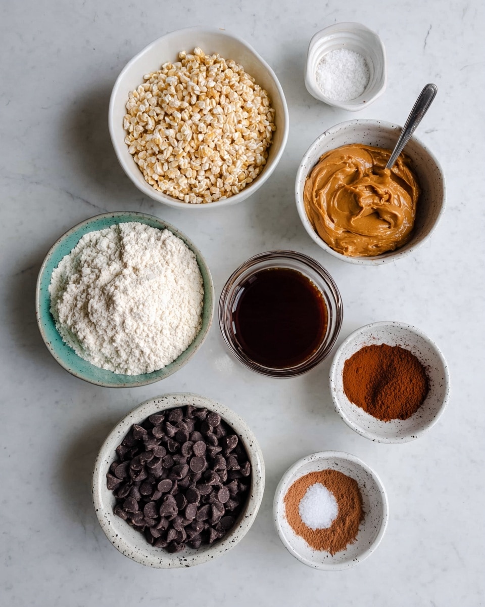 A top-down view of eight white bowls and a clear glass measuring cup arranged on a white marbled surface, each filled with different ingredients for baking. From the top left, a white bowl holds puffed rice, next to it a small white bowl with dark brown liquid, then a white bowl with peanut butter with a spoon inside. Below, a speckled white bowl is filled with flour, beside it the glass cup contains a deep brown liquid, and a tiny white bowl has coarse salt crystals. At the bottom left, a white bowl is full of dark chocolate chips, with a small speckled white bowl of cocoa powder next to it, and finally a tiny white bowl with some kind of brown powder. The setup is clean and organized, all ingredients clearly visible and distinct photo taken with an iphone --ar 4:5 --v 7