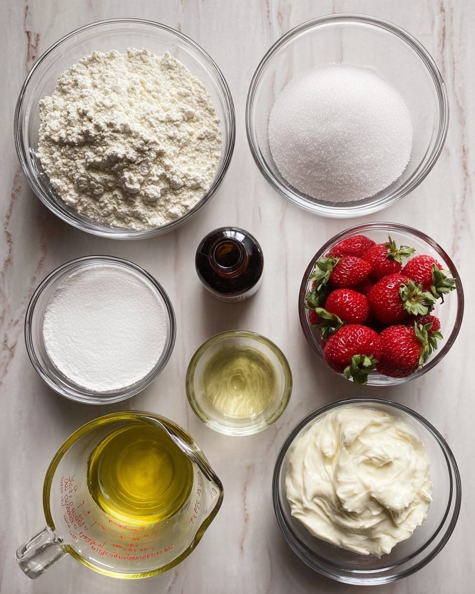 The image shows eight clear glass bowls and one small bottle on a white marbled surface. Starting from the top left, there is a large bowl filled with white flour, followed by a medium bowl of white sugar to the right. Below the flour, there is a smaller bowl with white baking powder and baking soda, and next to it, a small dark bottle, likely vanilla extract. Near the center is a small bowl with a pale yellow liquid, probably oil. To the right of the oil bowl, there is a medium bowl filled with bright red strawberries with green tops. At the bottom left, there is a glass measuring cup with a yellow liquid, possibly melted butter, followed by a small bowl with creamy white yogurt to its right. The last bowl, on the bottom right, holds a larger amount of white granulated sugar. photo taken with an iphone --ar 4:5 --v 7