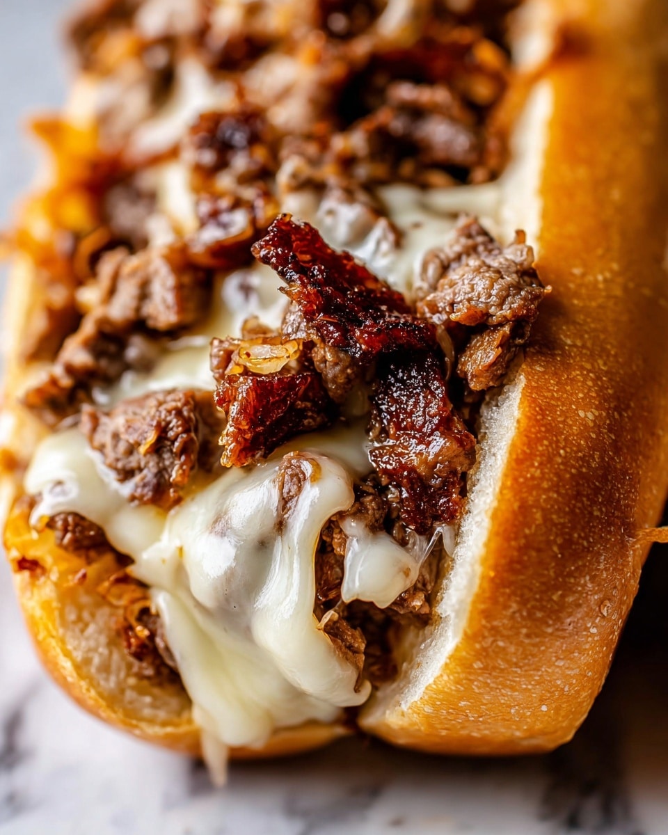 This close-up image shows a sandwich with two main layers. The first layer is a toasted bread roll, light golden brown in color with a slightly crisp texture. On top of the bread, there is a thick layer of cooked beef pieces that are brown with crispy, darker edges. Melting cheese is draped over the beef, showing creamy white color and soft, stretchy texture. The sandwich is on a white marbled surface. Photo taken with an iphone --ar 4:5 --v 7