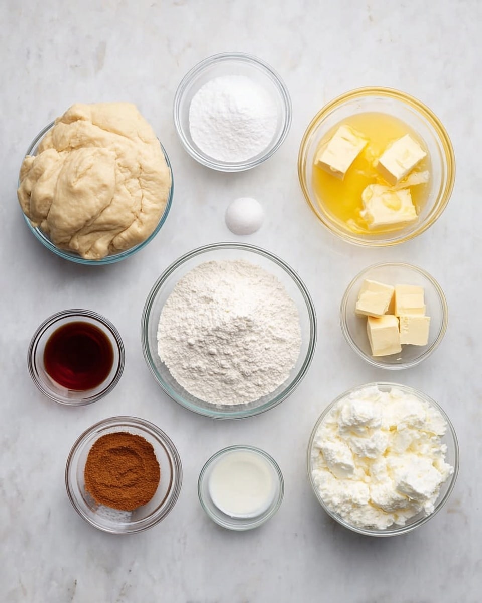 A top view image of eight glass bowls with baking ingredients arranged in three rows on a white marbled surface. The top row has a large bowl with beige dough on the left, a medium bowl with white powdered sugar in the center, and a medium bowl with melted yellow butter on the right. The middle row has a small bowl of dark brown vanilla extract on the left and a small bowl of white liquid below it on the right. The bottom row has a small bowl with white cream cheese on the left, a small bowl with brown cinnamon powder next to it, a small bowl with two small cubes of pale yellow butter in the center, and a medium bowl with white granulated sugar on the right. The photo taken with an iphone --ar 4:5 --v 7
