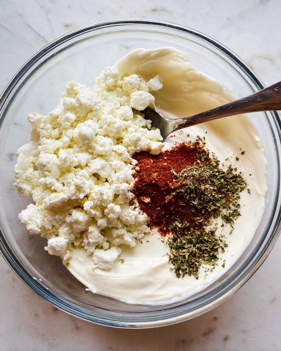 A clear glass bowl contains four visible layers of ingredients. The bottom layer is a smooth, white creamy base spread evenly across the bowl. On top of this, there is a layer of small, crumbly white cheese pieces, loosely scattered and covering most of the creamy base. To the right side, there are two small piles of spices: one is a dark red powder and the other is finely chopped green herbs, both resting on top of the cheese and cream layers. A silver spoon rests inside the bowl, angled toward the top-right, partially submerged in the mixture. The bowl sits on a white marbled surface. Photo taken with an iphone --ar 4:5 --v 7