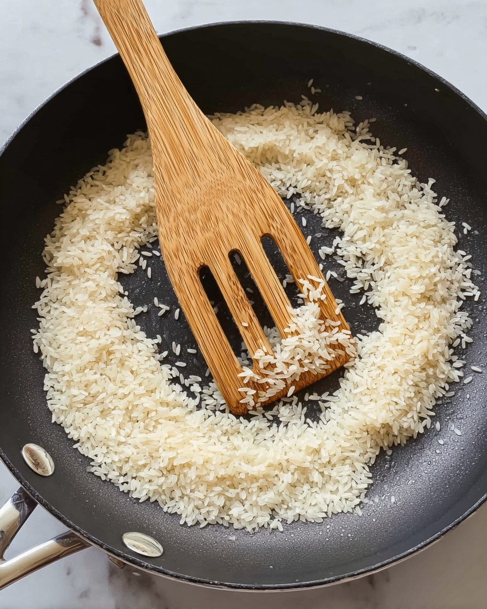 A close-up view of a black non-stick frying pan with a layer of light beige rice spread in a loose circle around the edges, leaving the center empty. A wooden spatula with a smooth texture and three long slots rests inside the pan, with some rice grains stuck on its flat edge. The overall scene is set against a white marbled surface, creating a clean and bright look. photo taken with an iphone --ar 4:5 --v 7