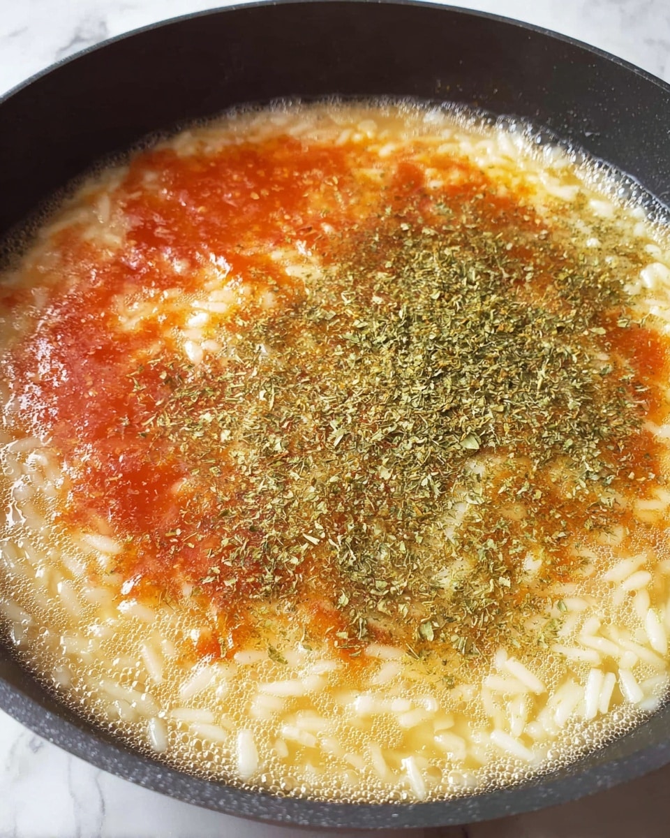 A close-up view of a frying pan filled with cooking soup showing three main layers: the bottom layer has small, pale yellow or off-white rice pieces submerged in a light broth with tiny bubbles on the surface; the middle layer is a clear reddish-orange sauce spread unevenly in the center; the top layer is sprinkled with a generous amount of finely chopped dried green herbs covering most of the sauce. The pan has a dark non-stick surface, set on a white marbled texture background. photo taken with an iphone --ar 4:5 --v 7