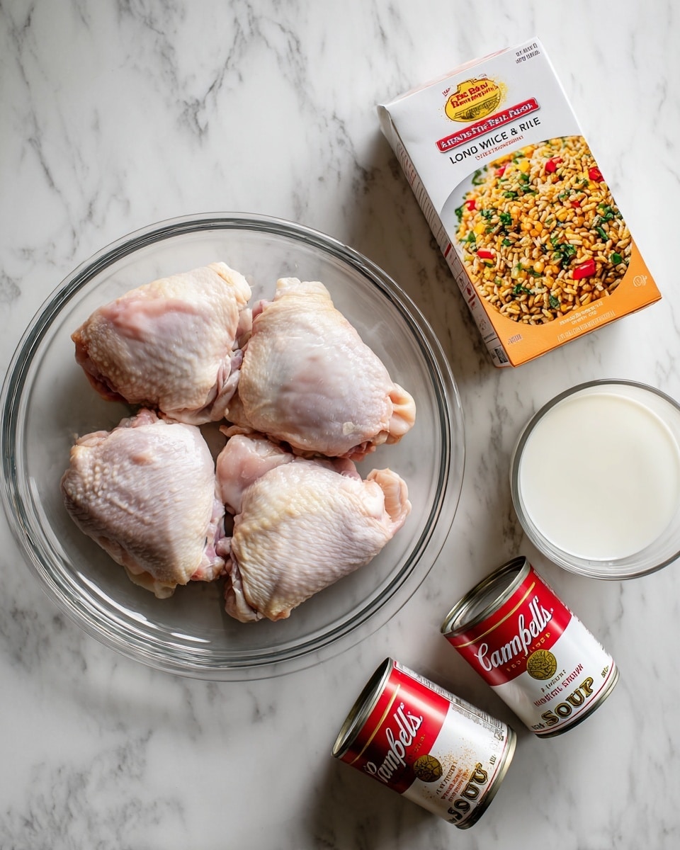 A clear glass plate holds five raw chicken thighs, showing light pink skin with white fat edges, placed on the left side of a white marbled surface. Next to the plate on the right is a white box of Uncle Ben’s Long Grain & Wild Rice mix, with orange, green, and cream color blocks and an image of cooked rice mixed with herbs and red chili peppers. Below the plate are two cans of Campbell’s cream of chicken soup, red and white with images of creamy soup, leaning slightly against the marbled surface. To the right of these cans is a clear glass bowl filled with white milk. photo taken with an iphone --ar 4:5 --v 7