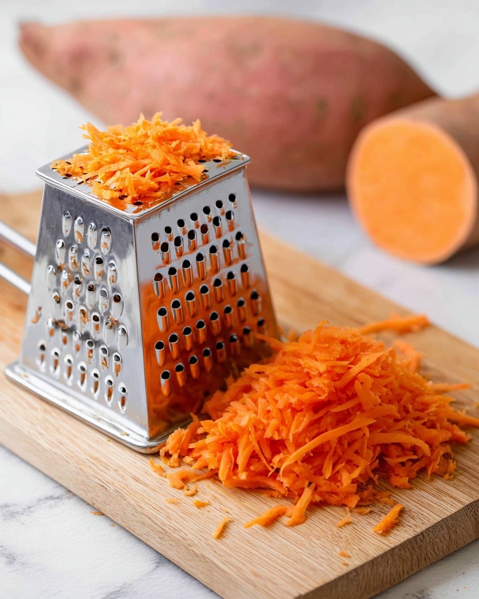 A wooden board on a white marbled surface holds a metal box grater with orange shredded pieces stuck to its sides, next to a pile of bright orange shredded sweet potato on the board’s front side. Behind the pile is a half-cut sweet potato showing its ridged texture and vibrant orange inside, with a whole unpeeled sweet potato blurred out in the background. Photo taken with an iphone --ar 4:5 --v 7