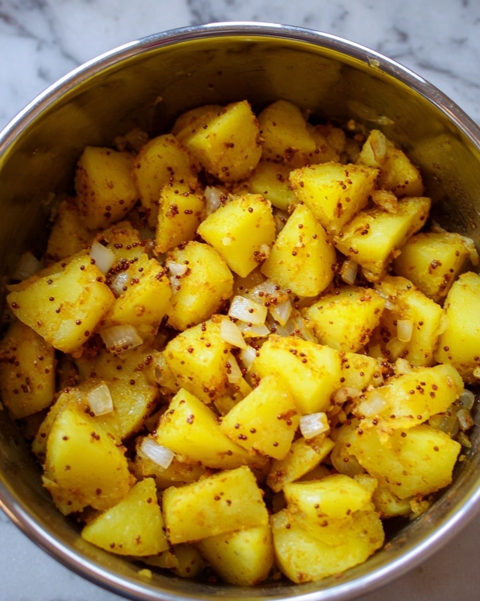 The image shows a silver pot filled with many yellow potato pieces seasoned with brown mustard seeds and small white chopped onion pieces scattered throughout. The potatoes are cut in medium-sized chunks with a rough texture and have a warm yellow color mixed with the golden tint of the spices. The onion pieces add a lighter contrast with their white color and slightly crisp texture. The pot's inner surface is smooth with a metallic shine, and the food fills most of the pot’s space. The background is a white marbled texture photo taken with an iphone --ar 4:5 --v 7