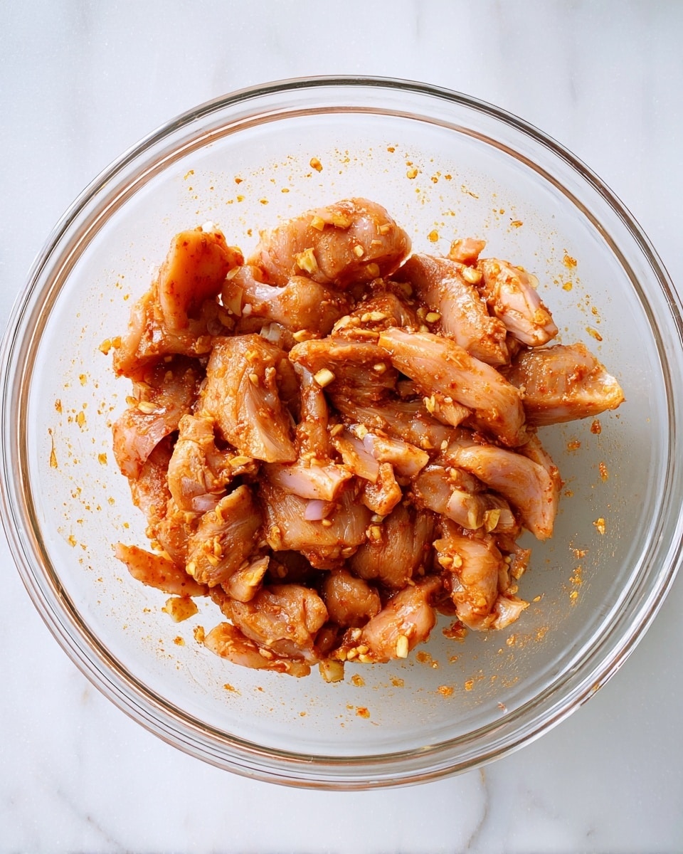 A clear glass bowl sits centered on a white marbled surface, filled with thin, uneven strips of raw chicken coated in a reddish-brown spice mix. The chicken pieces show a mix of smooth and slightly textured surfaces, glistening with a wet marinade that clings to the meat, with visible small bits of garlic or seasoning scattered throughout. The spices create a patchy, oily layer over the chicken, giving it a mix of shiny and matte areas, all contained within the round, transparent bowl. photo taken with an iphone --ar 4:5 --v 7