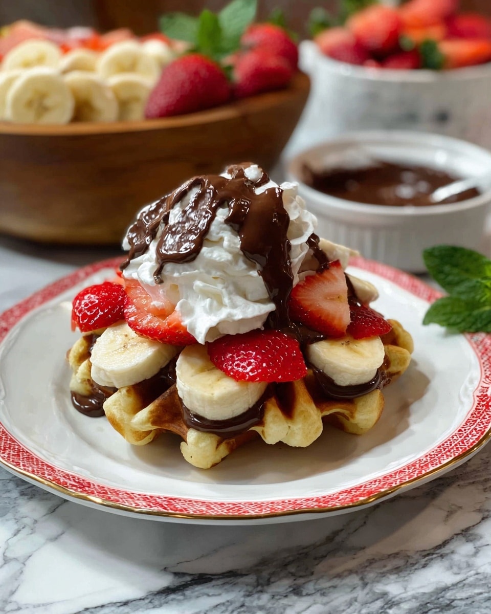 A stack of waffle dessert on a white plate with a red rim, starting with a golden-brown waffle base, topped with a layer of dark chocolate spread, then slices of banana and strawberry arranged around the edge, a large dollop of white whipped cream on top, all drizzled with thick, smooth chocolate sauce. In the blurred background, there is a wooden bowl with extra waffles, sliced bananas, strawberries, a white bowl of chocolate spread, and a few mint leaves on a white marbled surface. Photo taken with an iphone --ar 4:5 --v 7