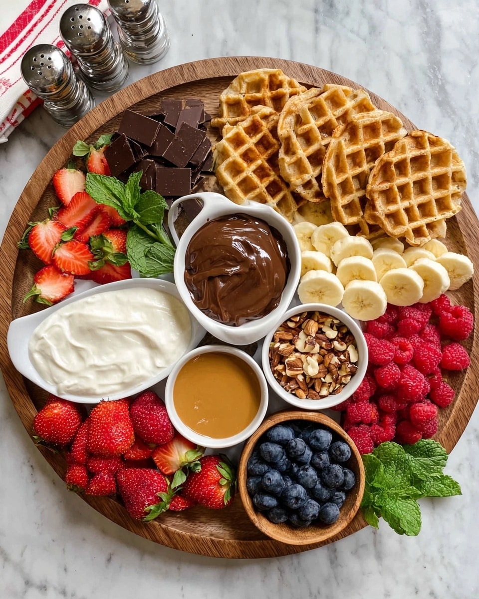 A large wooden round tray holds several layers: on the right side, there is a pile of golden-brown waffles with a slightly crisp texture, next to a white bowl filled with smooth white whipped cream. Below the waffles is a layer of sliced bananas arranged in overlapping circles, garnished with fresh green mint leaves. Above the bananas and near the center is a white bowl of rich, glossy chocolate spread with a swirl pattern on top. On the top left corner, there are bright red halved strawberries with green stems facing upward, and next to them, a small wooden bowl of mixed nuts. The tray is set on a surface with a white marbled texture. In front of the tray, there is a white plate with a red rim containing a small serving made up of waffles topped with banana slices, strawberries, whipped cream, and drizzled chocolate. A woman's hand holding a silver sifter rests nearby. photo taken with an iphone --ar 4:5 --v 7