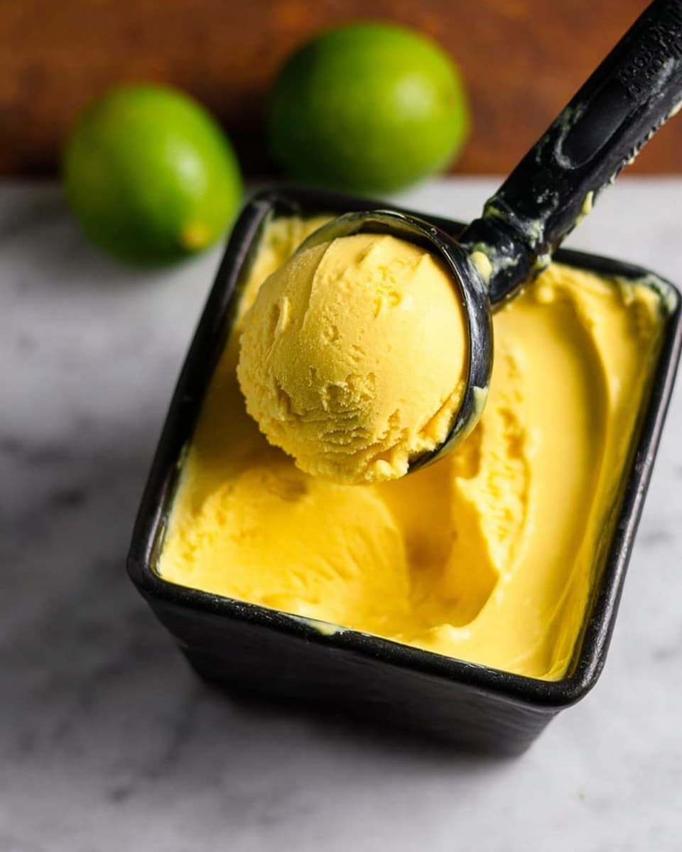 A square black container filled with bright yellow smooth ice cream showing a creamy texture, with a black ice cream scoop lifting a round portion from the top layer. In the background, there are three green limes blurred on a white marbled surface. photo taken with an iphone --ar 4:5 --v 7
