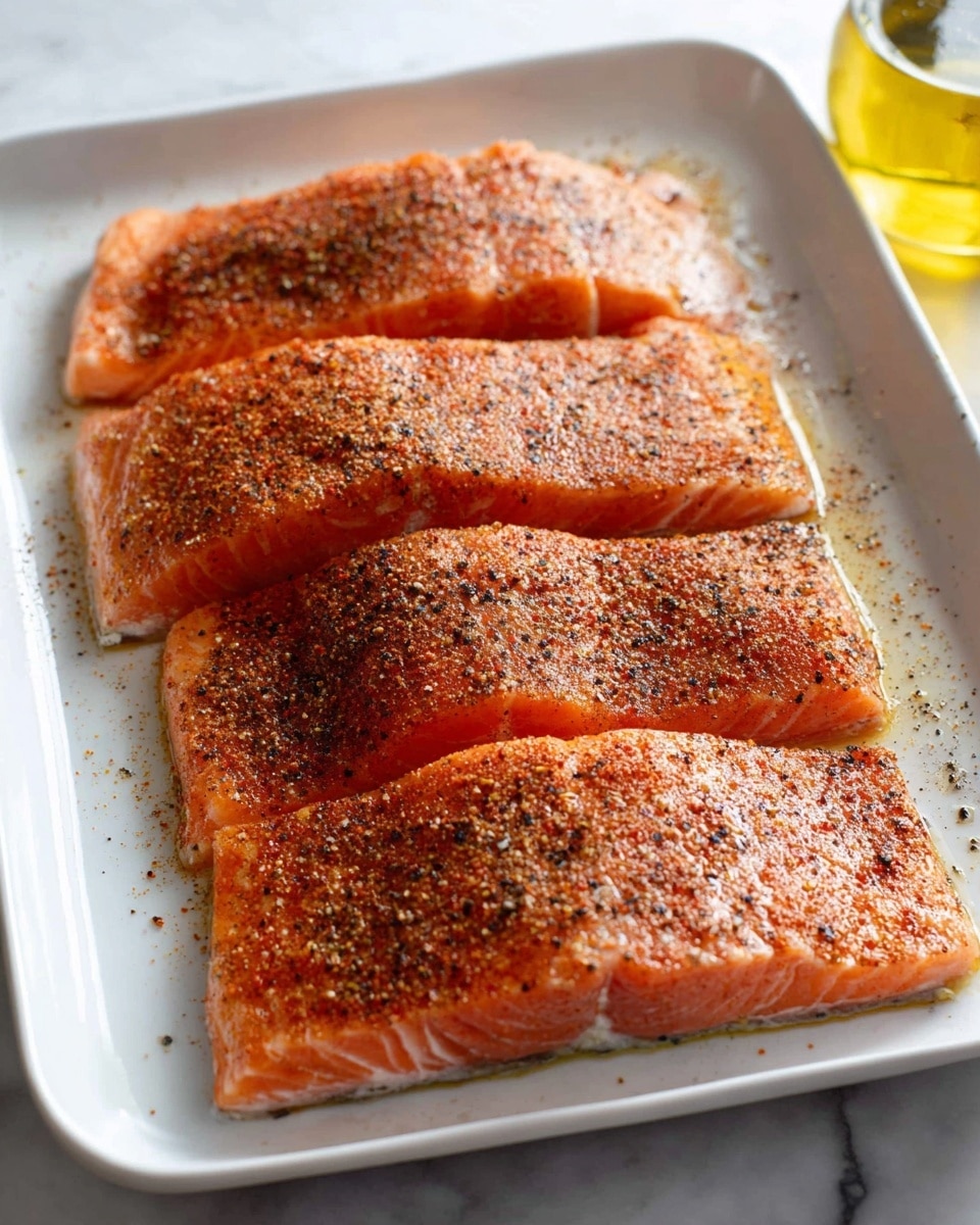A white rectangular dish holds three bright orange salmon fillets laid flat next to each other. Each fillet is seasoned evenly with a mix of dark black pepper and a reddish spice blend that covers the surface, creating a textured, slightly grainy look. The edges of the fillets reveal a lighter pink flesh. The dish rests on a white marbled surface, and a bottle of olive oil with a yellow tint sits nearby. The lighting is natural, highlighting the freshness and vibrant color of the salmon. photo taken with an iphone --ar 4:5 --v 7