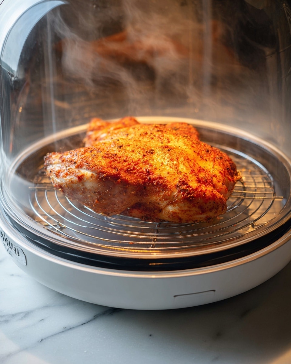 A single large piece of seasoned chicken with a reddish-orange color and a speckled texture is cooking inside a clear round air fryer with a white base. The chicken sits on a silver wire rack inside the air fryer, showing a slightly crispy surface with visible spices. The air fryer is placed on a white marbled surface, and the overall scene is lit warmly from the front. Steam rises gently inside the air fryer chamber, capturing the cooking process photo taken with an iphone --ar 4:5 --v 7