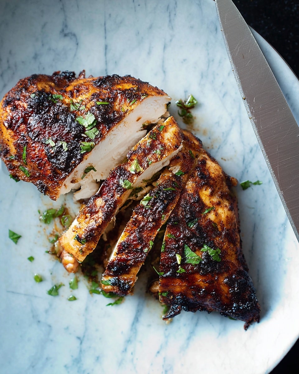 A piece of grilled chicken is placed on a white plate. The chicken has a crispy, dark golden brown skin with some blackened spots and is sprinkled with chopped green herbs. The chicken is sliced to show white, juicy meat inside. Next to the chicken is a silver knife with a white handle resting on the plate. The background is a white marbled texture. photo taken with an iphone --ar 4:5 --v 7