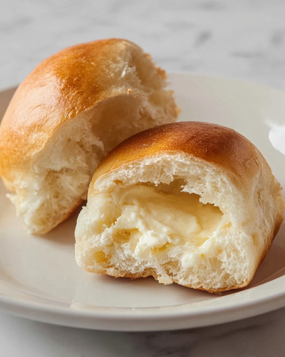 Two soft bread rolls are placed on a white plate with a white marbled texture background. One bread roll is whole with a smooth, golden-brown top crust, while the other is broken in half, showing a fluffy, light beige inside. Inside the broken bread, there is a visible, creamy layer of melted butter with a smooth texture, surrounded by the soft bread crumbs. The lighting highlights the tender and warm texture of the bread and butter. Photo taken with an iphone --ar 4:5 --v 7