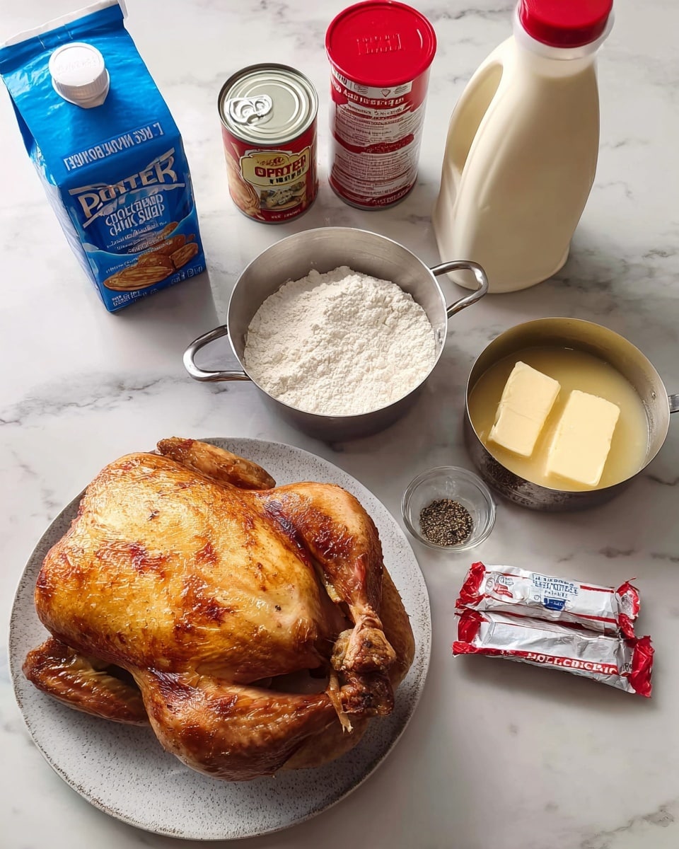 A whole cooked chicken with golden, crispy skin sits on a white plate with a light texture, placed on a white marbled surface. Around the chicken, there is a silver measuring cup filled with white flour, a blue carton of chicken broth, a white plastic milk jug with a red cap, a red and white container of poultry seasoning, a can of creamy chicken soup with herbs, two sticks of wrapped salted butter, and a small clear bowl holding salt and black pepper. The arrangement shows all ingredients neatly spread out. photo taken with an iphone --ar 4:5 --v 7