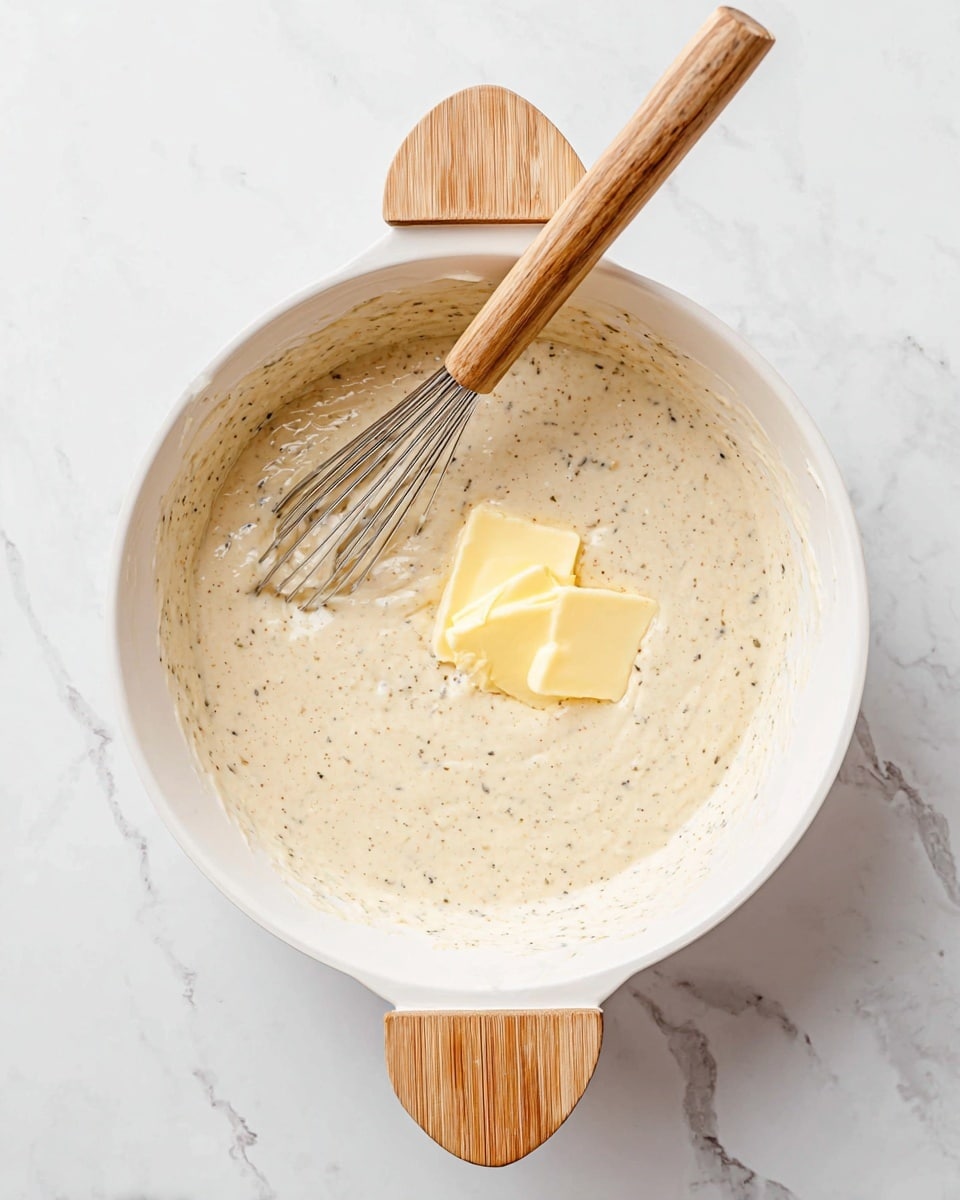 A white bowl with wooden handles holds a thick, creamy batter with small specks throughout. Two rectangular pieces of pale yellow butter sit on top, starting to melt slightly into the mixture. A whisk with a wooden handle rests inside the bowl, partially submerged in the batter. The bowl is placed on a white marbled surface that has faint gray veins running through it. photo taken with an iphone --ar 4:5 --v 7