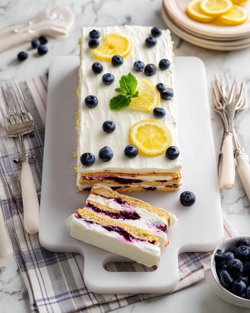 A rectangular layered dessert sits on a white rectangular board with a handle, topped with a smooth, white creamy layer decorated with fresh blueberries scattered and small lemon wedge slices, along with a sprig of green mint in the center. A slice is cut from the dessert showing several layers inside: a light brown biscuit layer alternates with thick white cream layers and dark purple berry filling, visible in the middle and top parts. The board is placed on a striped cloth atop a white marbled surface, with a small bowl of blueberries in the corner, and forks with white handles resting nearby. photo taken with an iphone --ar 4:5 --v 7
