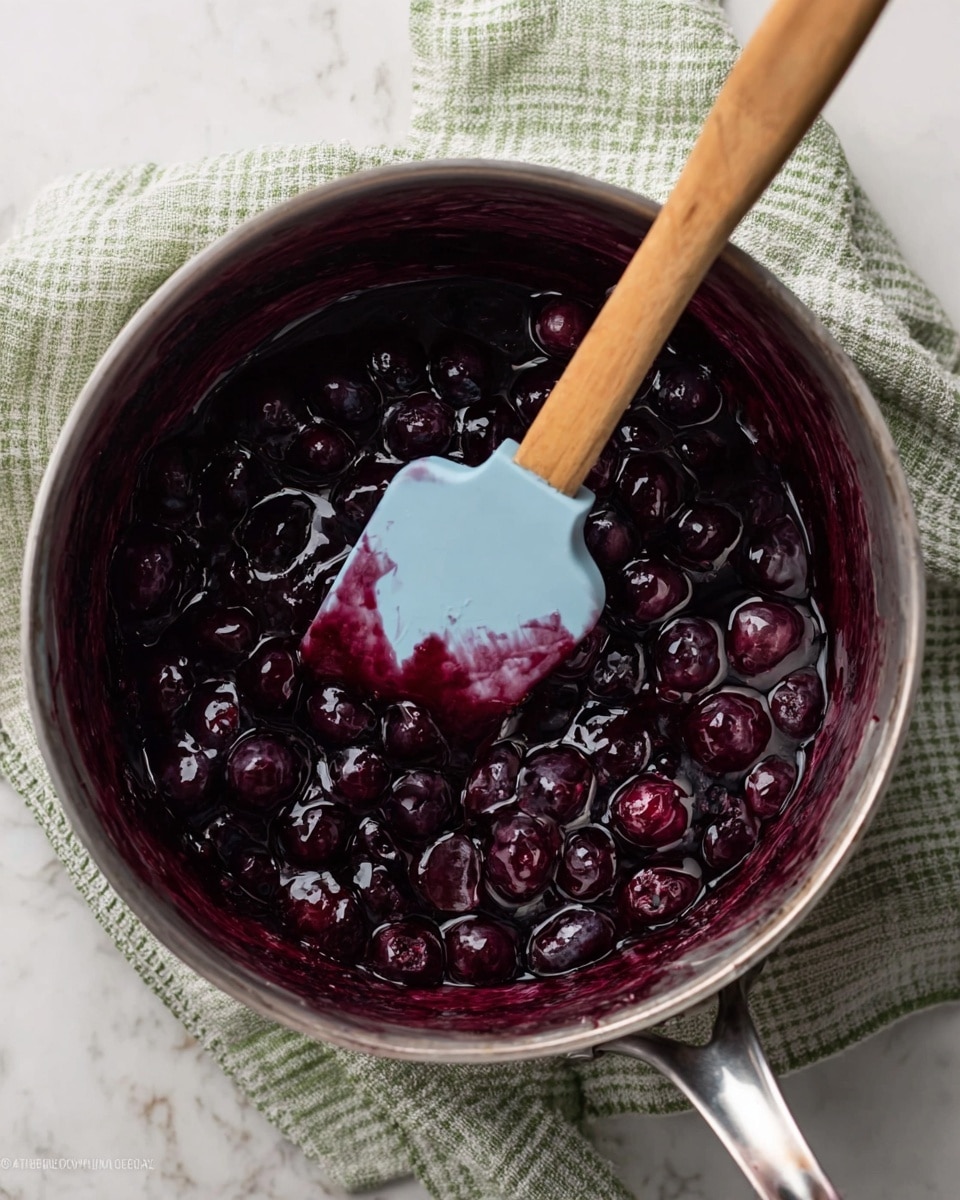 Inside a shiny metal pot, there is a thick, dark purple mixture filled with whole and soft berries, showing a glossy and sticky texture. The inside walls of the pot are stained with the deep purple color, and a light blue spatula with a wooden handle is partially dipped into the fruit mix, smeared with the same dark berry sauce. The pot rests on a soft greenish checkered cloth over a white marbled surface. photo taken with an iphone --ar 4:5 --v 7